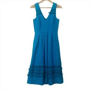 Belle Badgley Mischka Linen Fit And Flare Blue Dress Fringe And Pockets Size 0